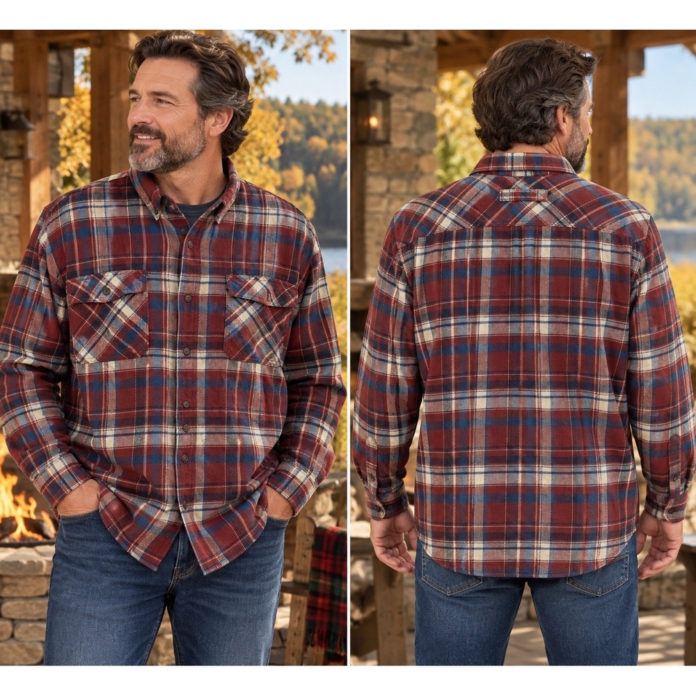 Duluth Trading Burlyweight Flannel Men 2XL Red Blue Plaid Heavyweight Workwear